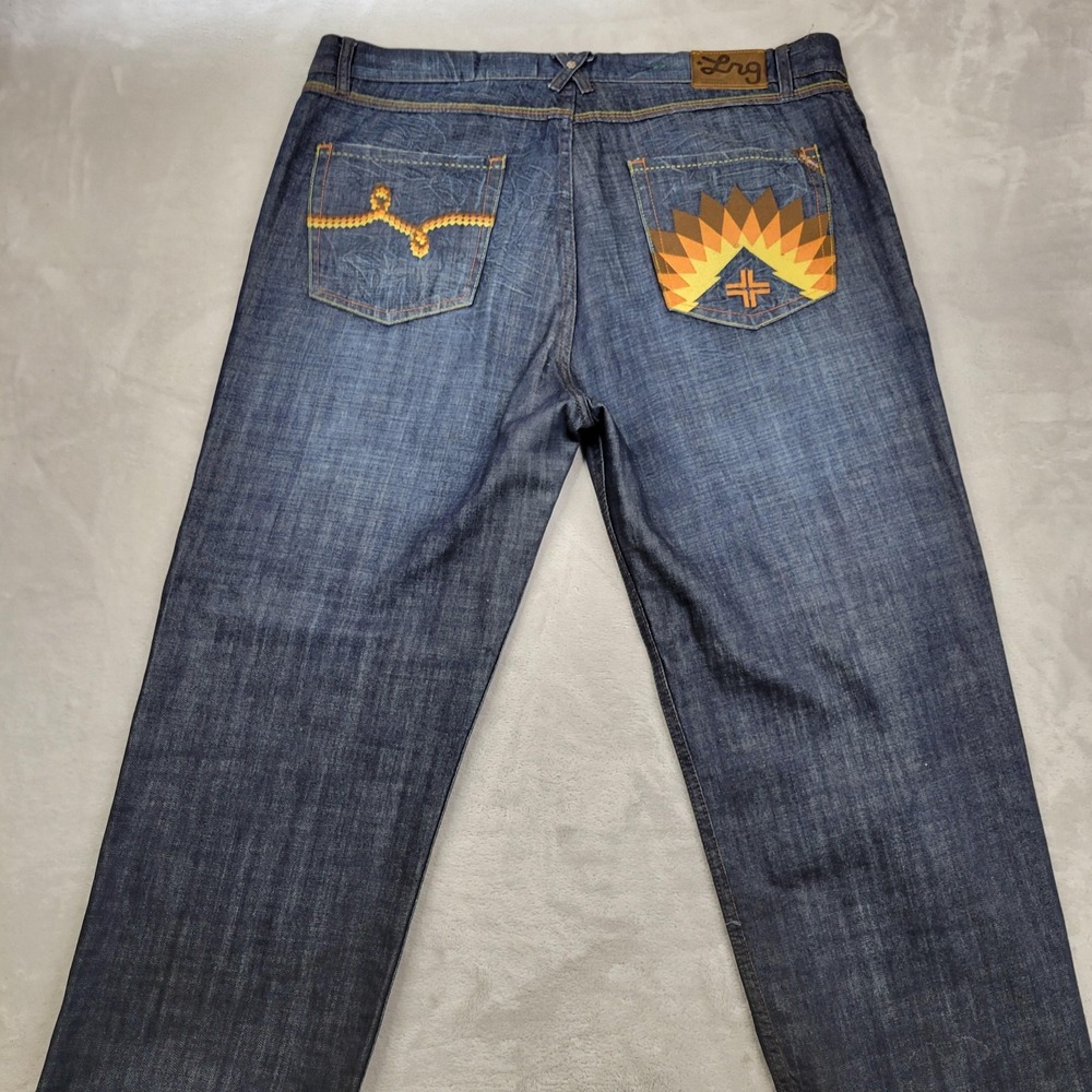LRG Jeans Mens 42 Blue Denim‎ Straight Leg French Open Embroidered Pockets Baggy